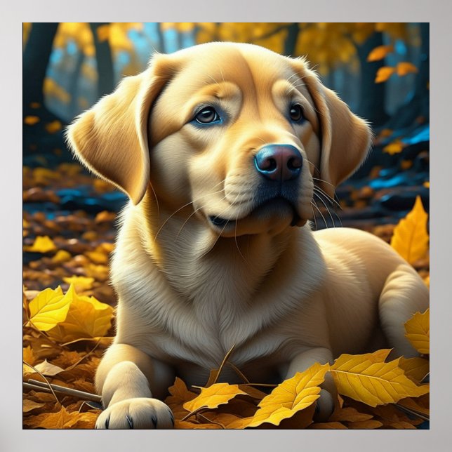 Affiche Chien chiot jouant dans les feuilles d'automne   (Devant)