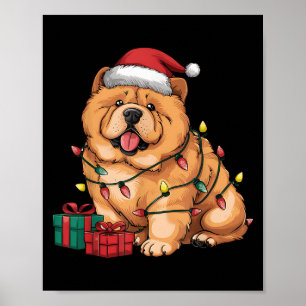 Affiche Chien Chow Chow Chapeau de Père Noël Éclairage Noë