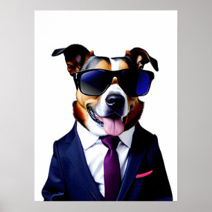 Affiche Chien cool en lunettes de soleil et costume, Chien