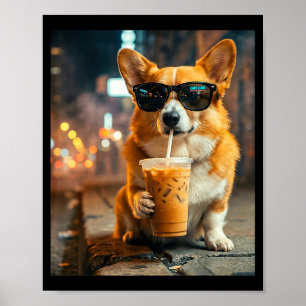 Affiche Chien corgi buvant un café glacé mème animal drôle