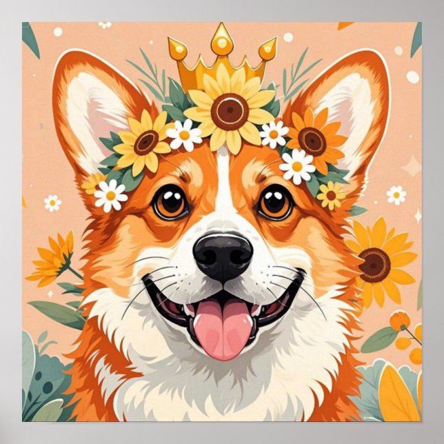Affiche Chien Corgi joyeux couronne de marguerites et de t (Devant)
