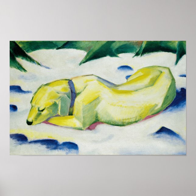 Affiche Chien couché dans la neige peinture par Franz Marc (Devant)