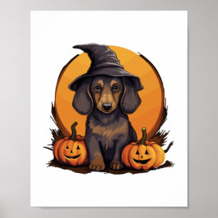 Affiche Chien Dachshund, Citrouille Casquette de la sorciè