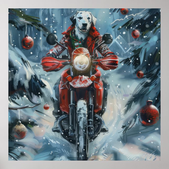 Affiche Chien dalmate équitation moto Noël (Devant)