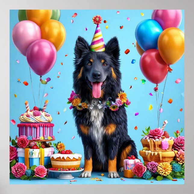 Affiche Chien d'anniversaire avec gâteau et ballons (Devant)