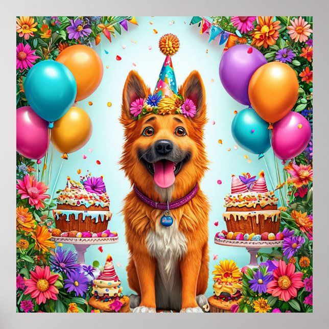 Affiche Chien d'anniversaire avec gâteau et ballons (Devant)