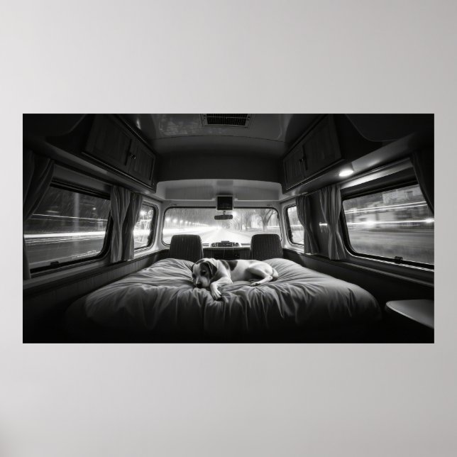 Affiche Chien dans le lit d'un camping-car (Devant)