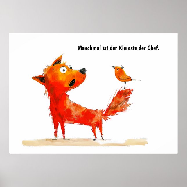 Affiche Chien de bande dessinée à l'aquarelle et oiseau su (Devant)