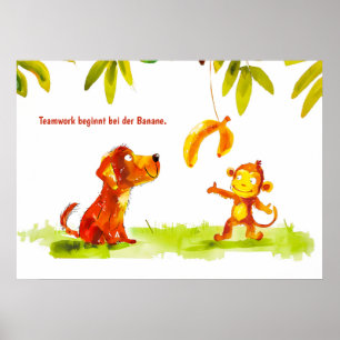Affiche Chien de bande dessinée aquarelle et singe veulent
