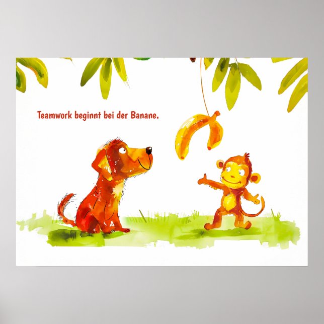 Affiche Chien de bande dessinée aquarelle et singe veulent (Devant)
