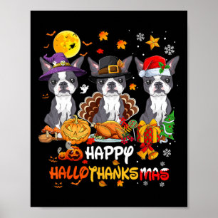 Affiche Chien de Boston Terrier Happy Halloween Thanksgivi