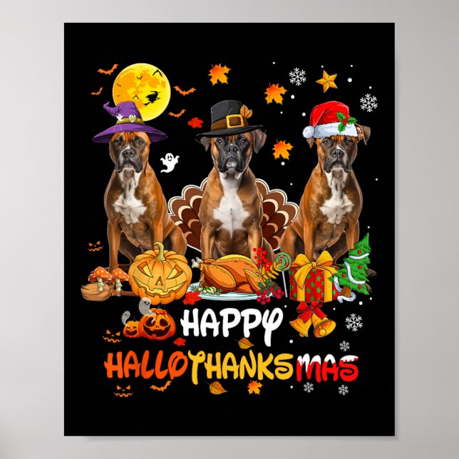 Affiche Chien de boxe Halloween Thanksgiving Joyeux Chris (Devant)