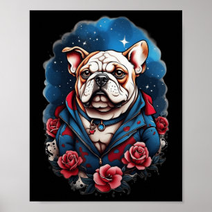 Affiche Chien de Bulldog Old School Tattoo Style Retro Vin