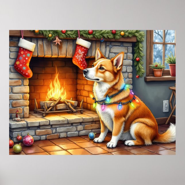 Affiche Chien de Caroline devant une cheminée avec des lum (Devant)