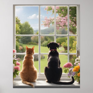 Affiche Chien de chat regardant par la fenêtre