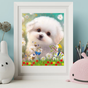 Affiche Chien de chiot blanc maltais mignon dans Floral Ga