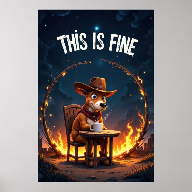 Affiche Chien de dessin animé assis à une table avec du ca (Devant)