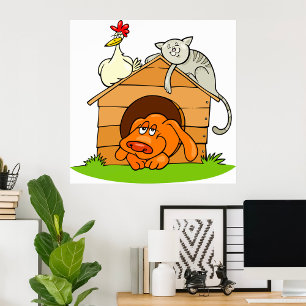 Affiche Chien de dessin animé drôle, chat et poulet sur ni