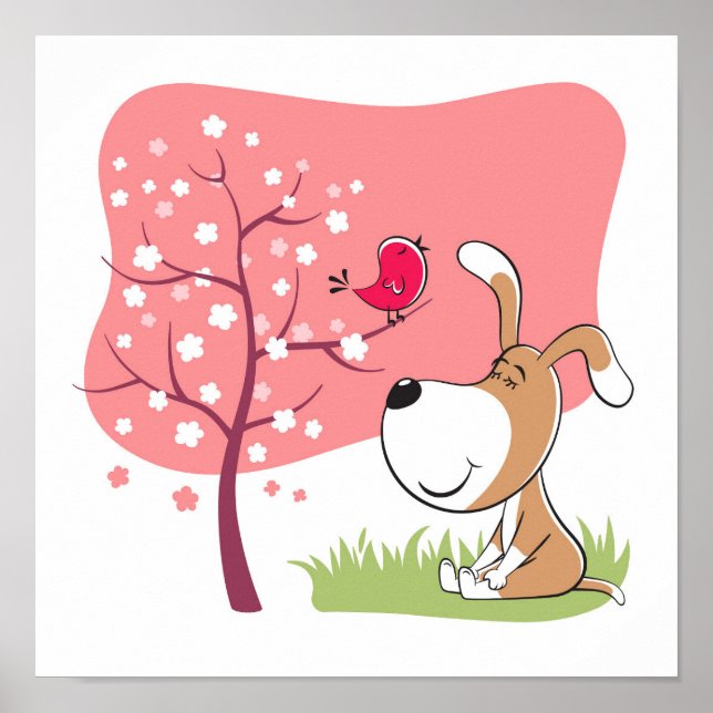 Affiche Chien de dessin animé Fleur de printemps rose de f (Devant)