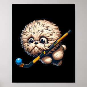 Affiche Chien de hockey mignon avec un bâton et Byll Kawai