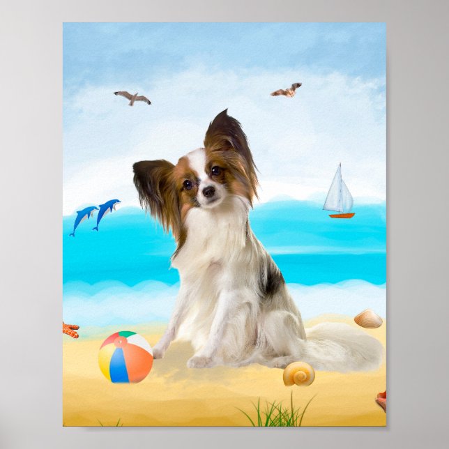Affiche Chien de Papillon sur la plage (Devant)