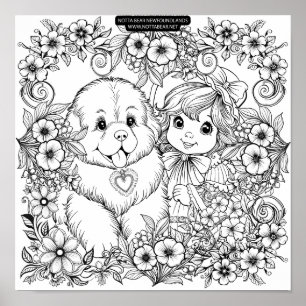 Affiche Chien de style vintage et vignes de fleurs