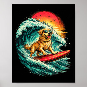 Affiche Chien de surf drôle retriever doré plage vagues