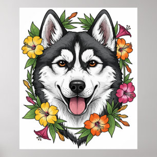 Affiche Chien de Traîneau Husky Et Fleurs Colorées de Mira