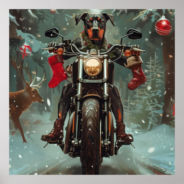 Affiche Chien Doberman à moto Noël (Devant)