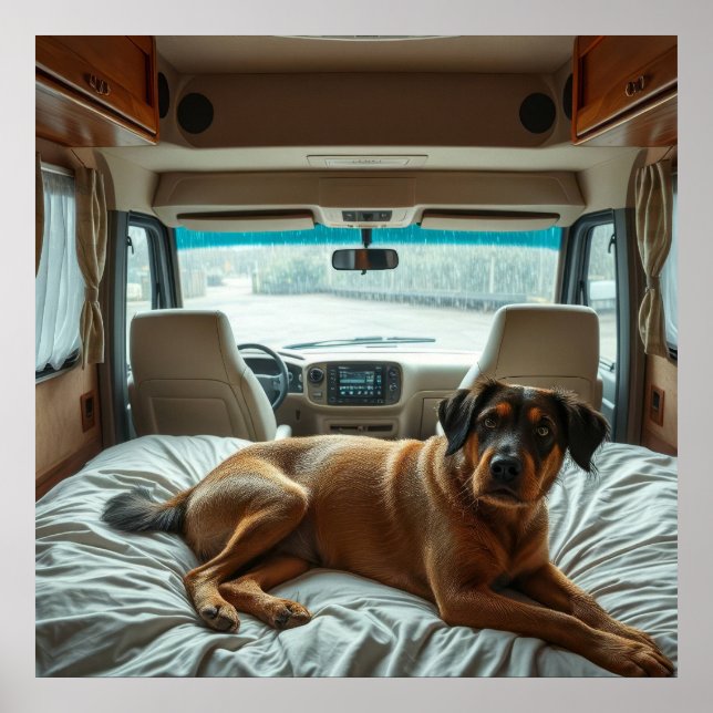 Affiche Chien dormant à l'intérieur d'un camping-car confo (Devant)
