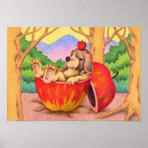 Affiche Chien dormant dans un lit de pomme