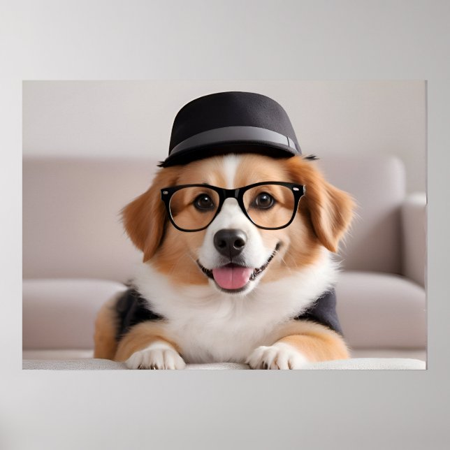 Affiche Chien drôle avec lunettes et casquette (Devant)