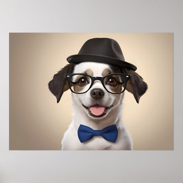 Affiche Chien drôle avec lunettes et casquette (Devant)