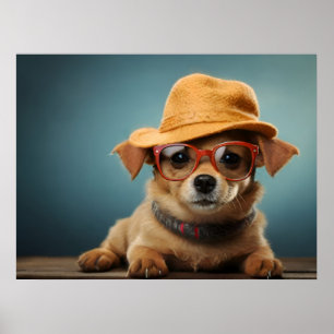 Affiche Chien drôle avec lunettes et casquette