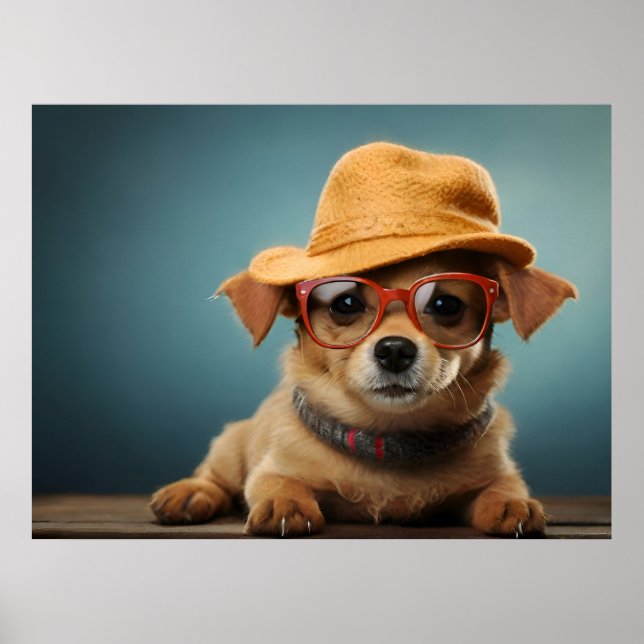 Affiche Chien drôle avec lunettes et casquette (Devant)