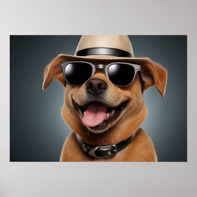 Affiche Chien drôle avec lunettes et casquette (Devant)