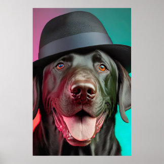 Affiche Chien du Labrador noir à Fedora Casquette coloré v