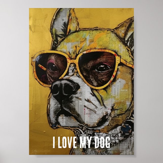 Affiche Chien en lunettes jaunes Collage médiatique mixte (Devant)