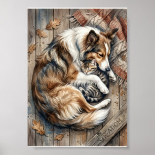 Affiche Chien Endormi Et Chat Se Blottissant Confortableme