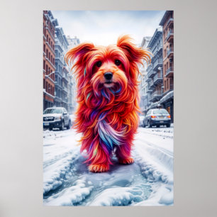 Affiche Chien errant perdu dans la route blanche enneigée