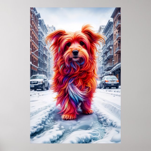 Affiche Chien errant perdu dans la route blanche enneigée  (Devant)