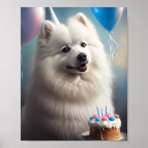 Affiche Chien esquimau américain avec ballons anniversaire