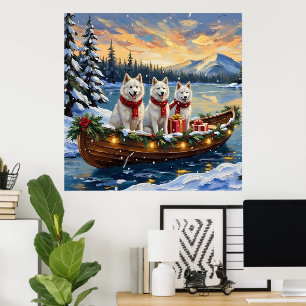 Affiche Chien Esquimau Américain Blanc Noël Bateau Fêtes
