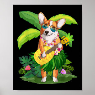 Affiche Chien et amp de Corgi hawaïen; Ananas Ukulele été