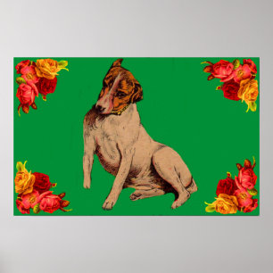 Affiche Chien et fleurs victoriens