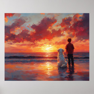 Affiche Chien et garçon regardant le coucher de soleil sur