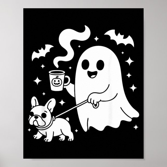 Affiche Chien fantôme bouledogue français café Halloween (Devant)