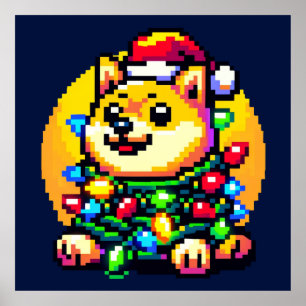 Affiche Chien Festif - Joli Pixel Art lumières de Noël