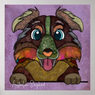 Affiche Chien fou australien Shepherd peint à la main