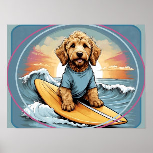 Affiche Chien gribouillé surfant